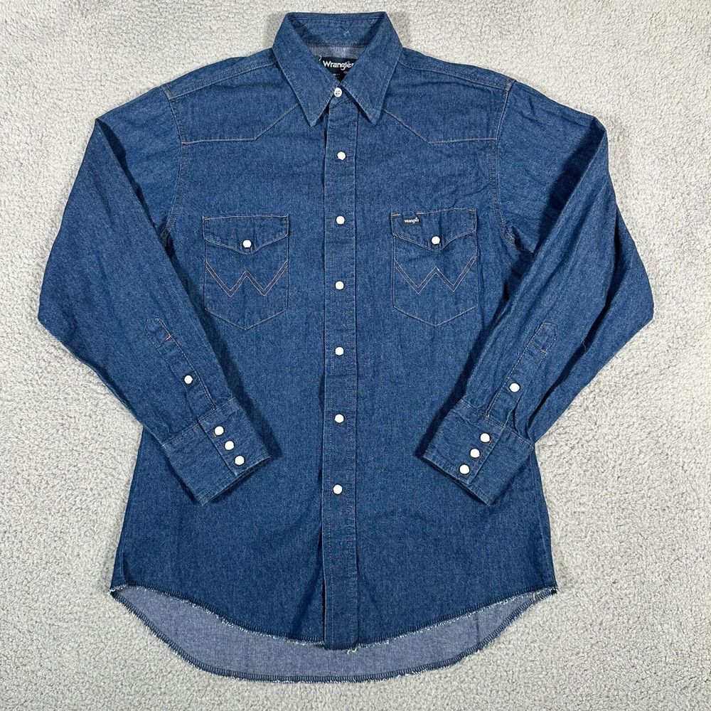 Vtg Wrangler Shirt Mens 15.5-33 Denim‎ Jean Pearl Snap X-Long Tails Regular Fit